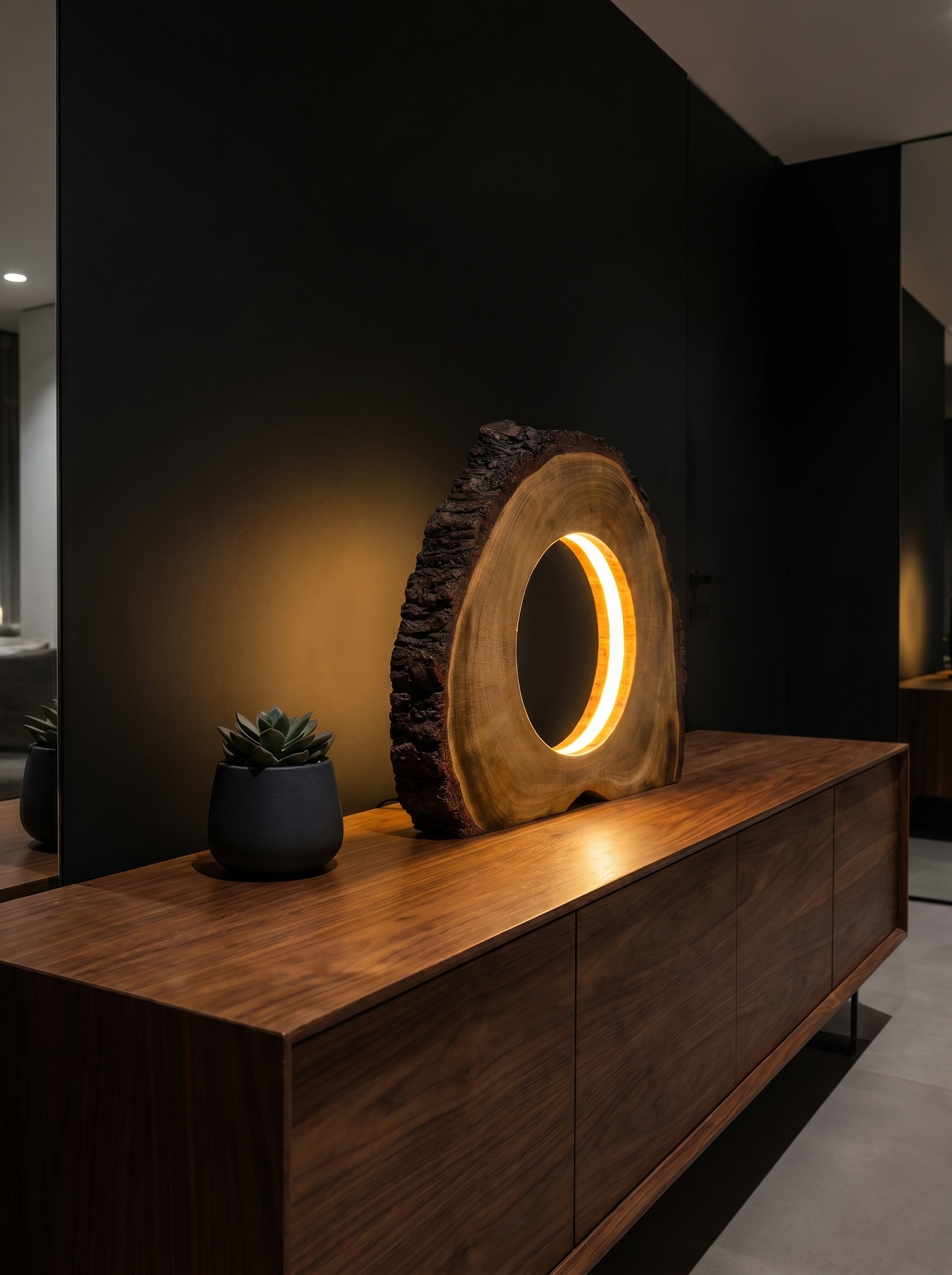 The Oculus — a sculptural ring of warm light in solid end-grain wood