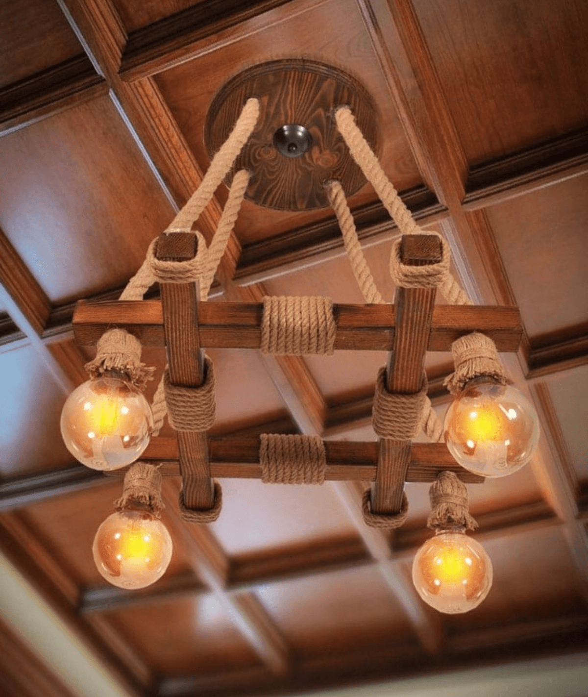 Rustic Rope Wooden 4 Lamp Square Chandelier - Lamp & Glow