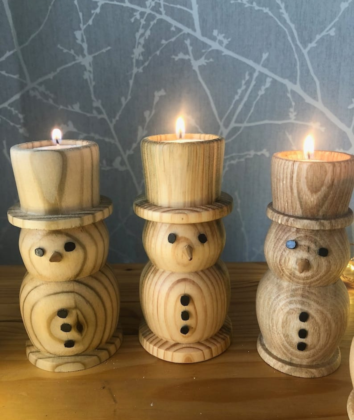 Handmade Snowman Wooden Tealight Holders - Lamp & Glow