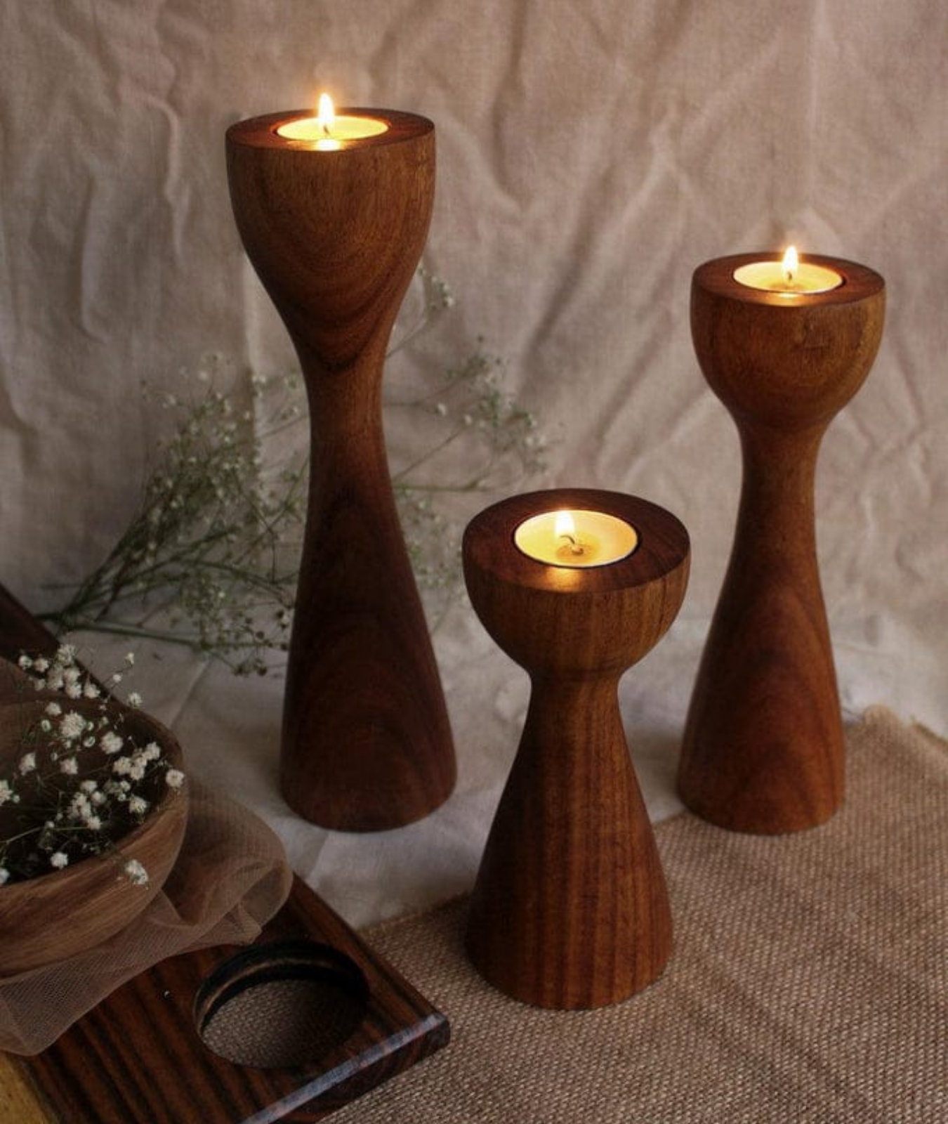 Two Modern Wooden Candle Holders - Lamp & Glow