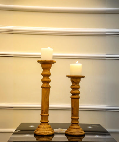 Tall Wood Pillar Candlestick Holder (Set of 2)