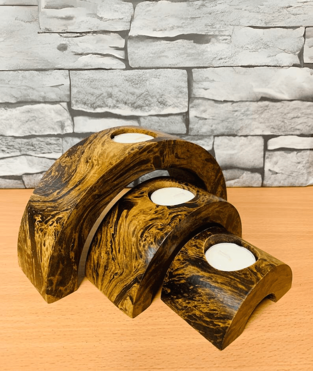 Handmade Decorative Wooden Tealight Holders Wood Half Set of 3 - Lamp & Glow