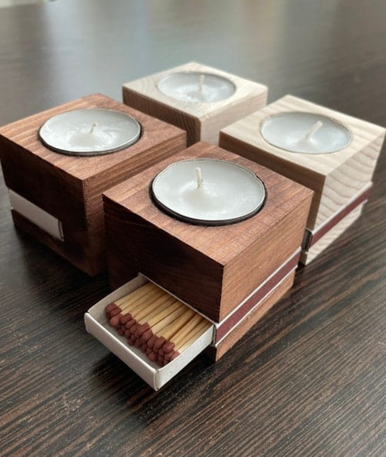 Wooden Tealight Holder With Match Box Holder - Lamp & Glow