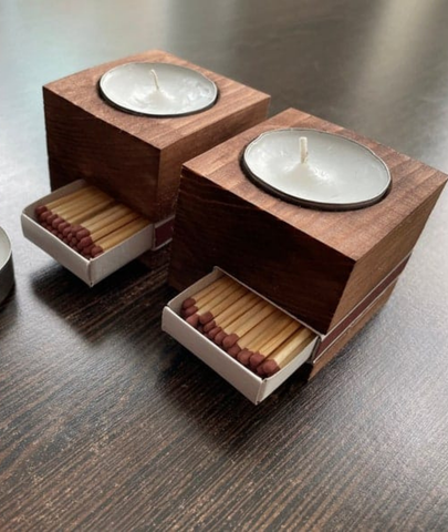 Wooden Tealight Holder With Match Box Holder - Lamp & Glow