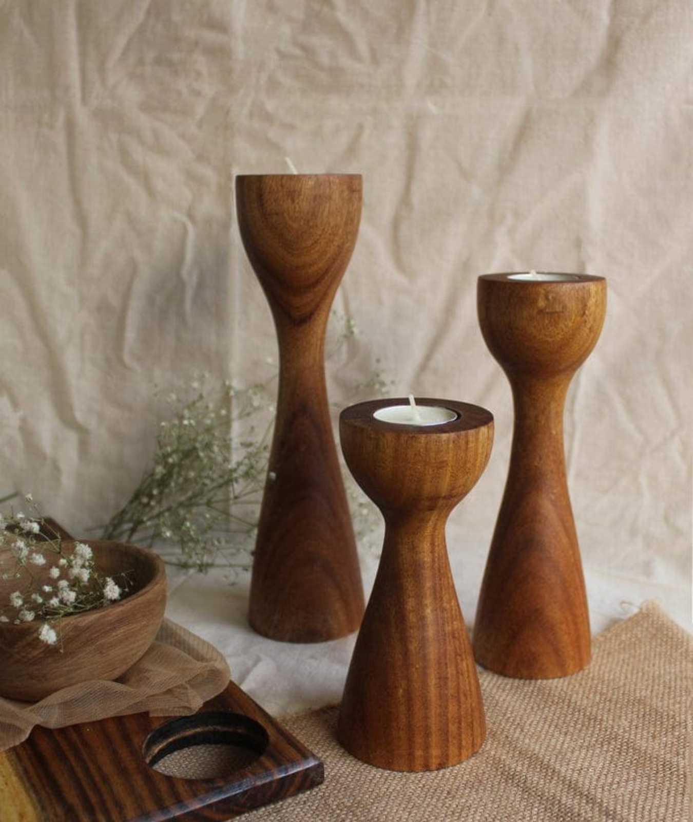 Two Modern Wooden Candle Holders - Lamp & Glow