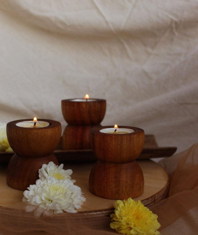 Diya Style Wooden Candle Holder - Lamp & Glow