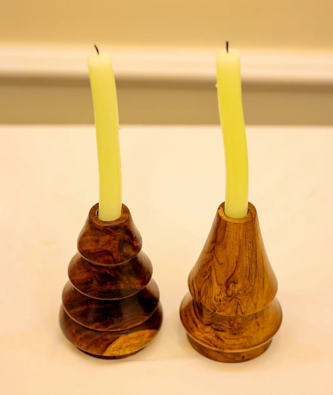 Cone-Shaped Wooden Candlestick Holders