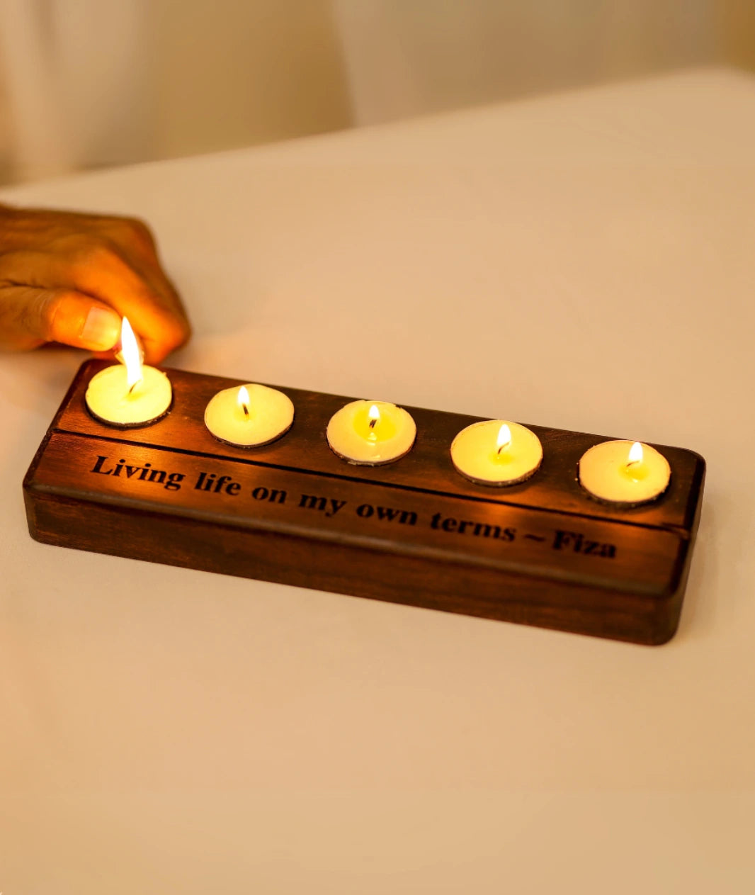 Carved Wooden Five Tealight Holder