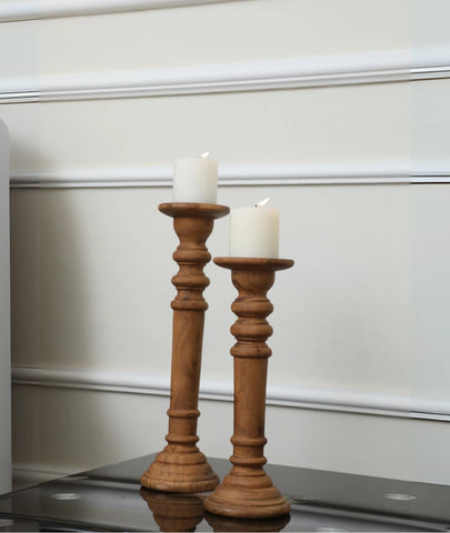 Tall Wood Pillar Candlestick Holder (Set of 2)