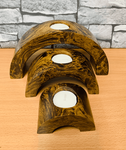 Handmade Decorative Wooden Tealight Holders Wood Half Set of 3 - Lamp & Glow