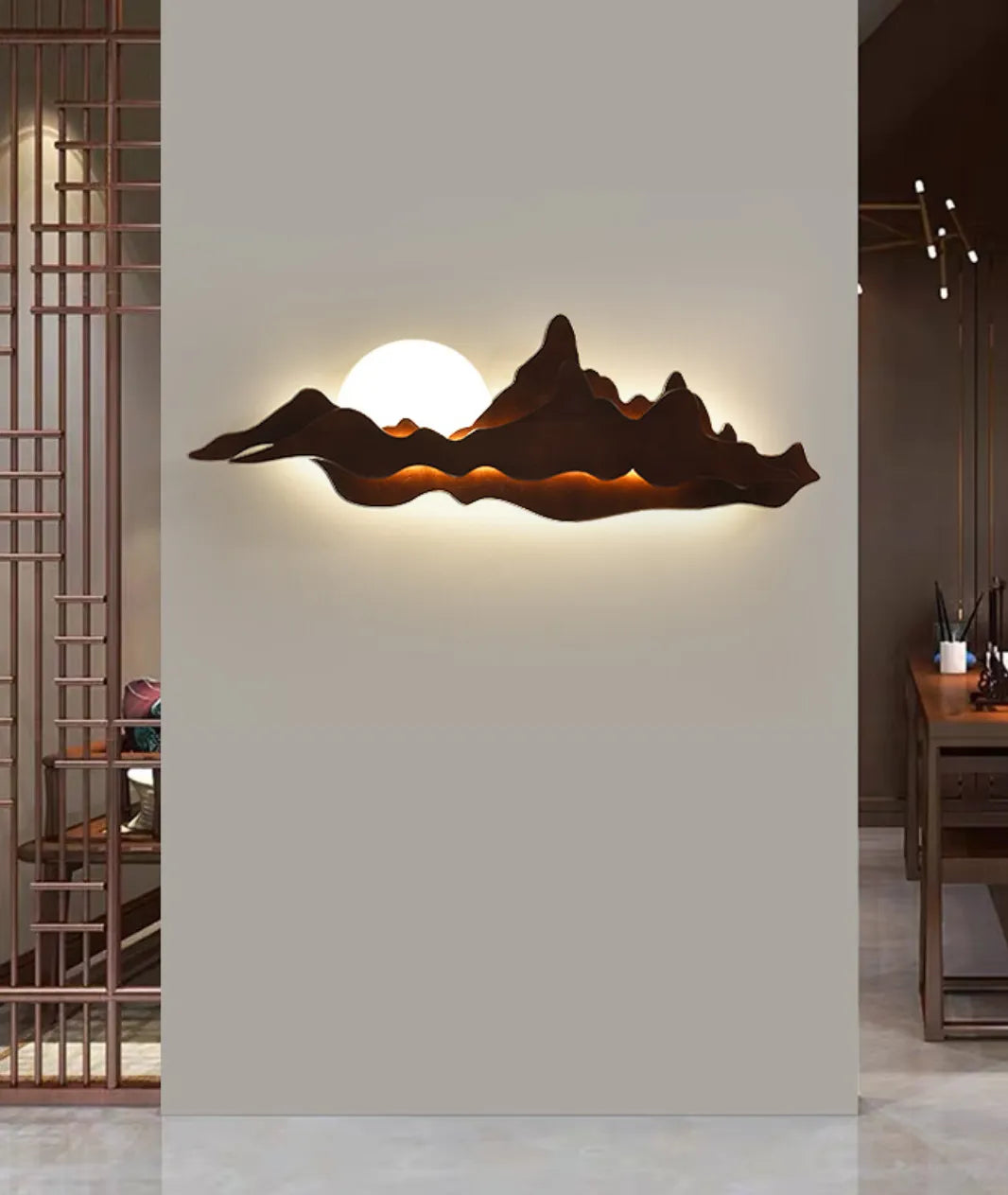 Chinese-inspired Moon and Mountain Wall Sconce for Living Room - Lamp & Glow