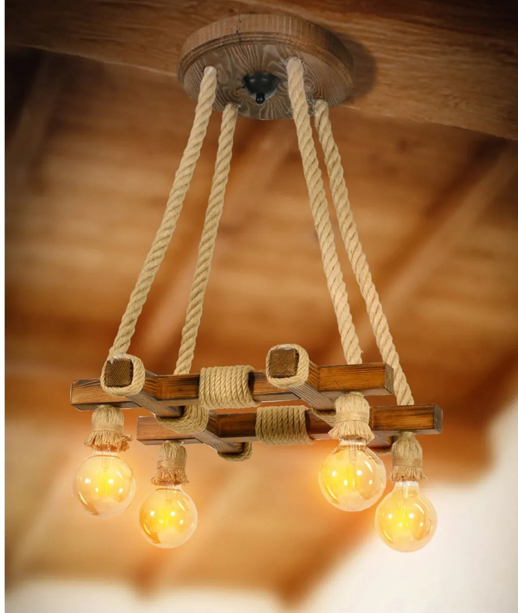 Rustic Rope Wooden 4 Lamp Square Chandelier - Lamp & Glow