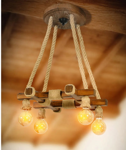 Rustic Rope Wooden 4 Lamp Square Chandelier - Lamp & Glow